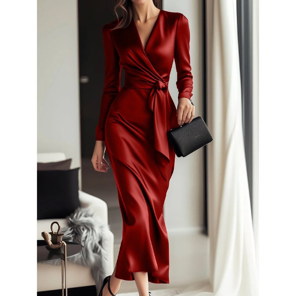 Women's Burgundy Satin Midi Dress Elegant V-Neck Long Sleeve Bodycon Dress